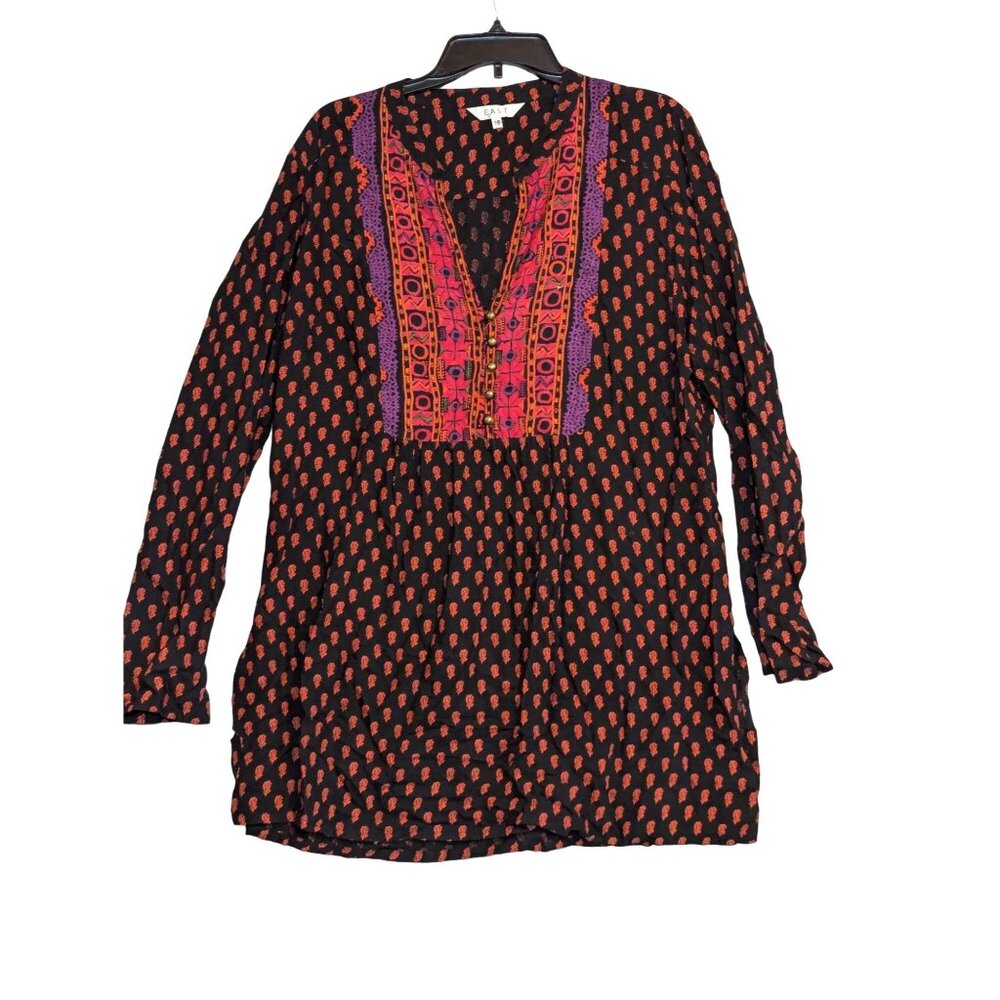 East Womens Size 16 Embroidered Boho Tunic Top Black & Red 100% Viscose